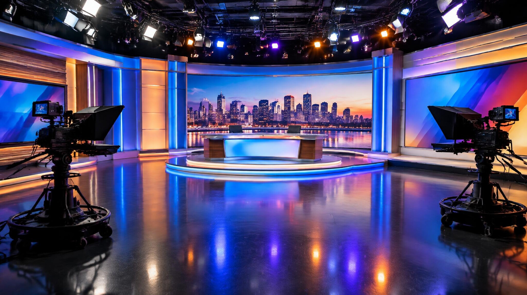 Television studio set with bright stage lighting