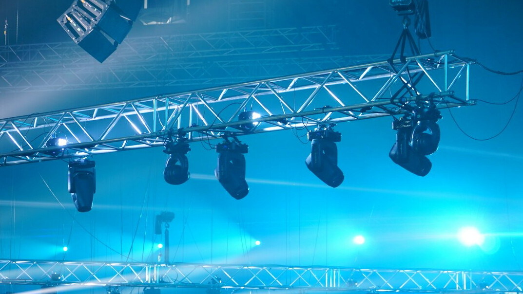 Rows of television studio spotlights on a rig