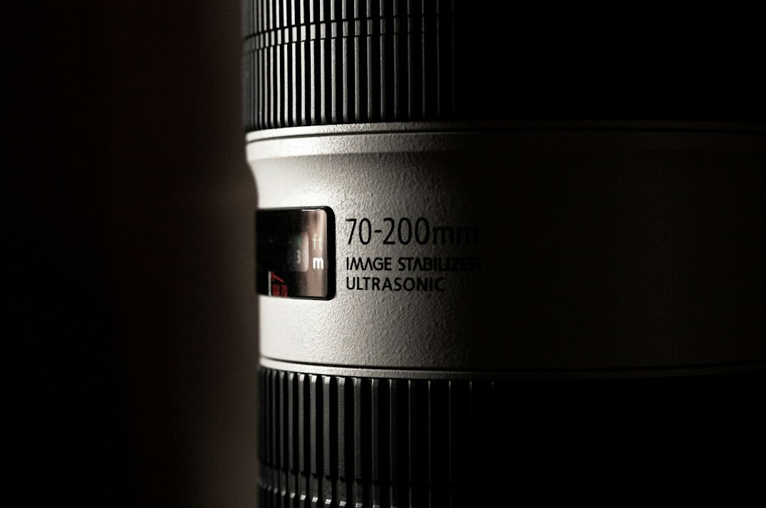 Close-up of a professional camera with telephoto lens